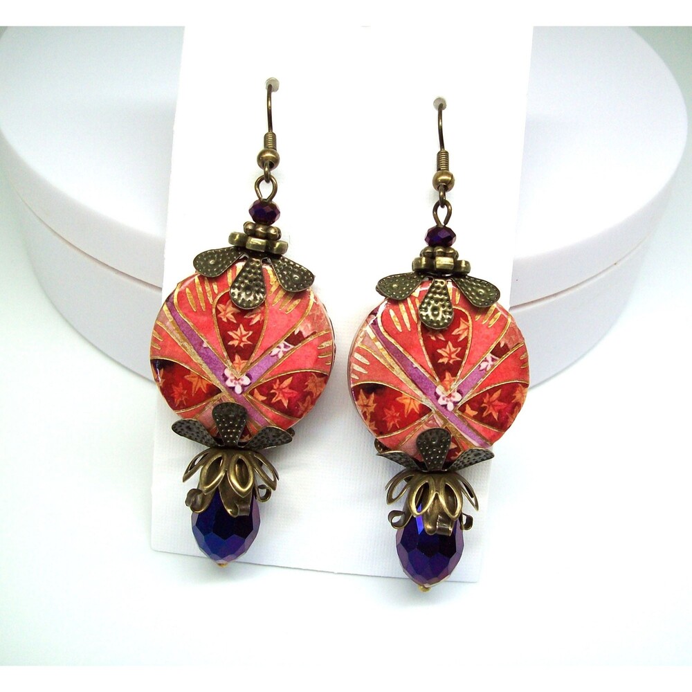 Vintage Earrings Art Nouveau, Decoupage, Bronze, Handmade Jewelry,